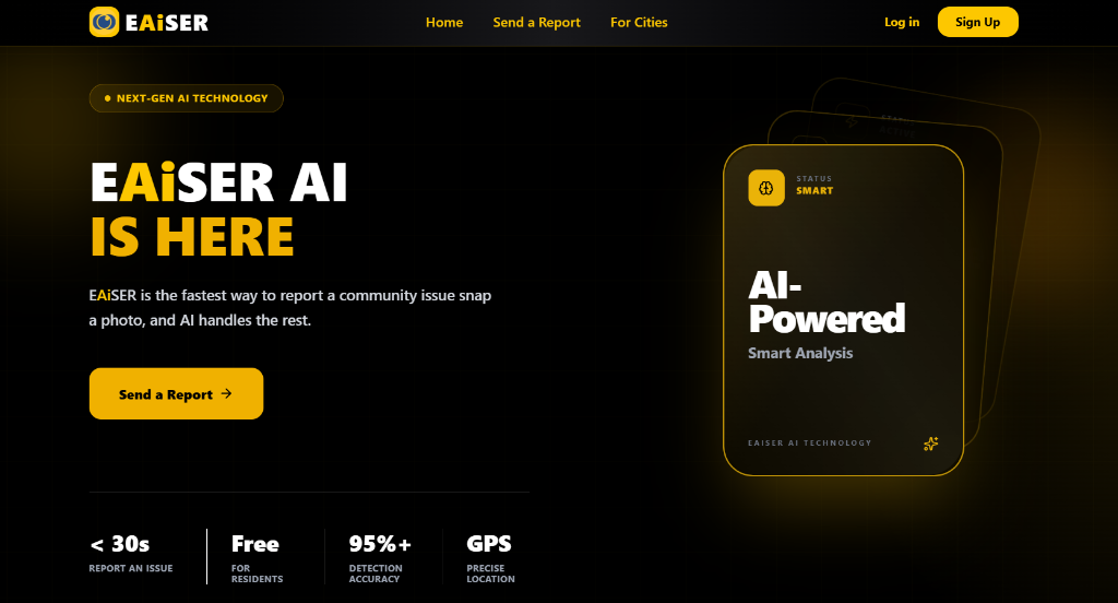 EAiSER Ai civic reporting app home screen AI-powered community infrastructure platform by Momntum Ai